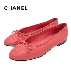 Chanel Flat Shoes Leather Pink Unused Ballet Shoes Here Mark Ribbon